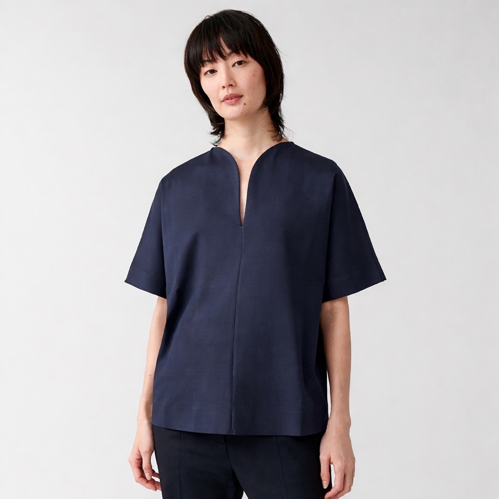 COS Navy Short-Sleeve Split-Neck Blouse